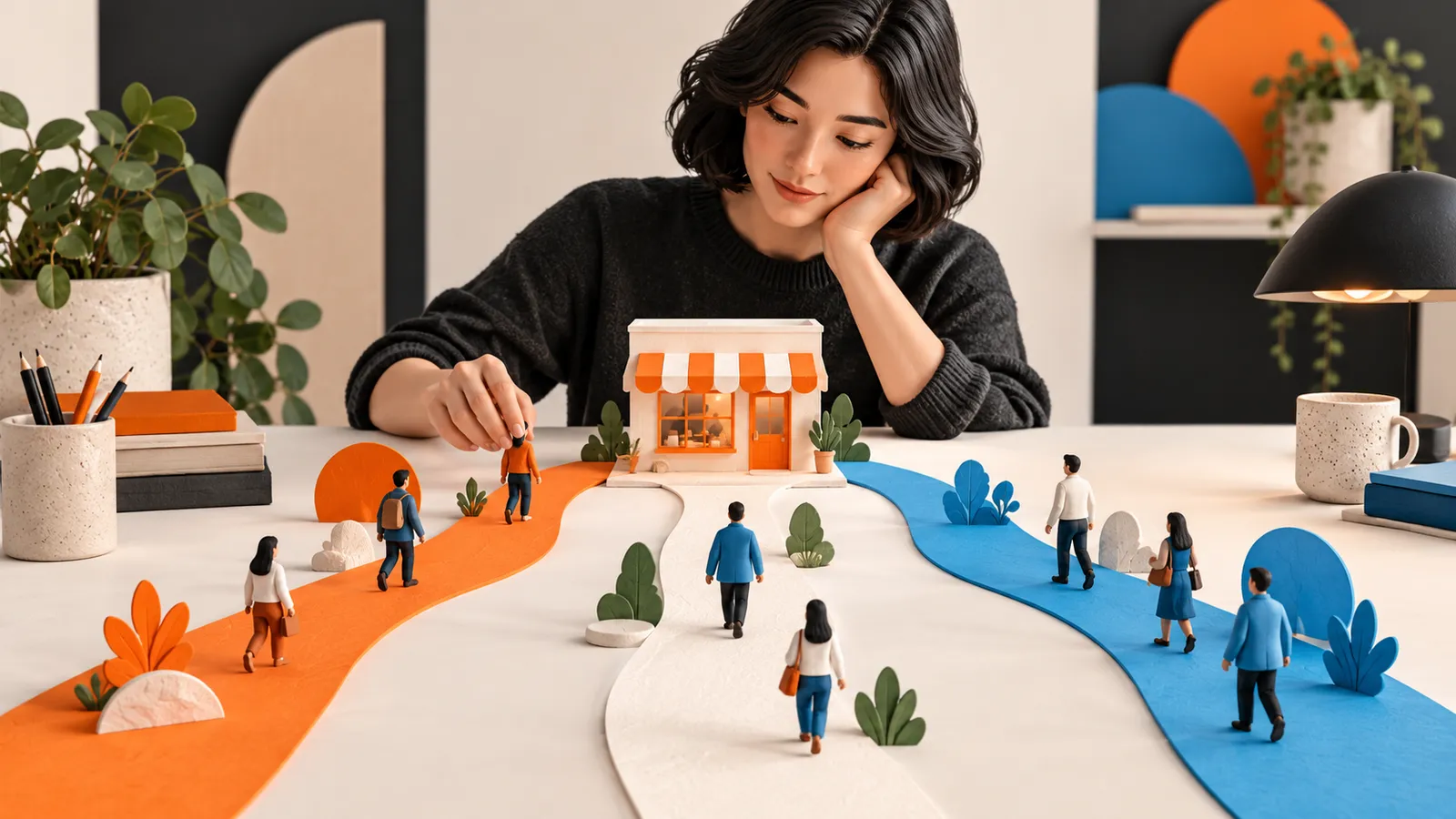 Illustration of a business owner arranging distinct customer journey paths