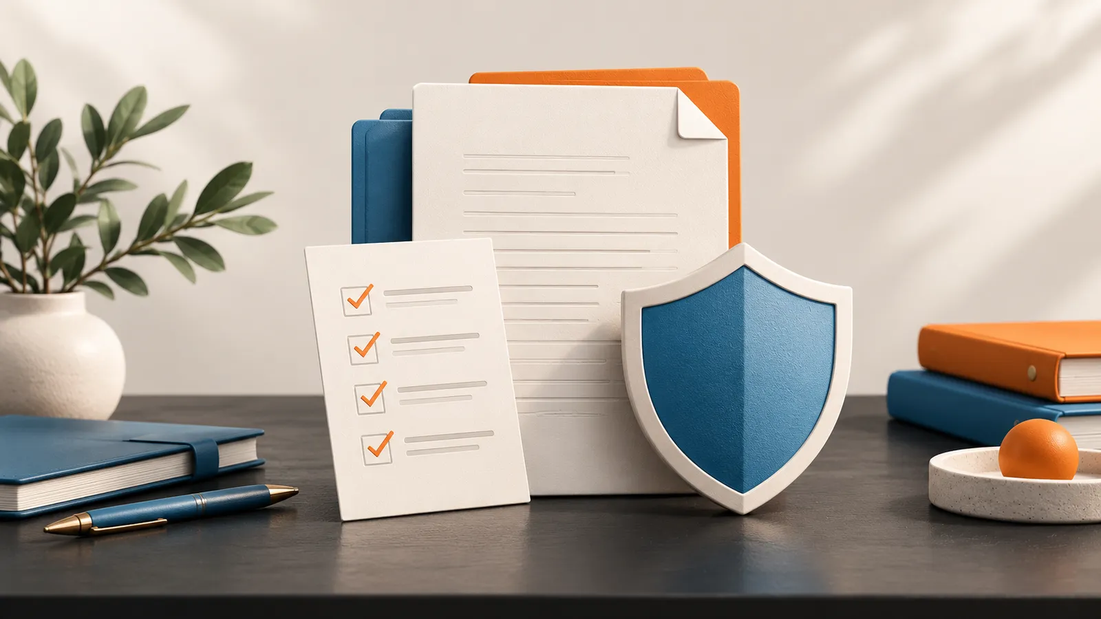 Illustration of organized business documents beside a protective shield and checklist
