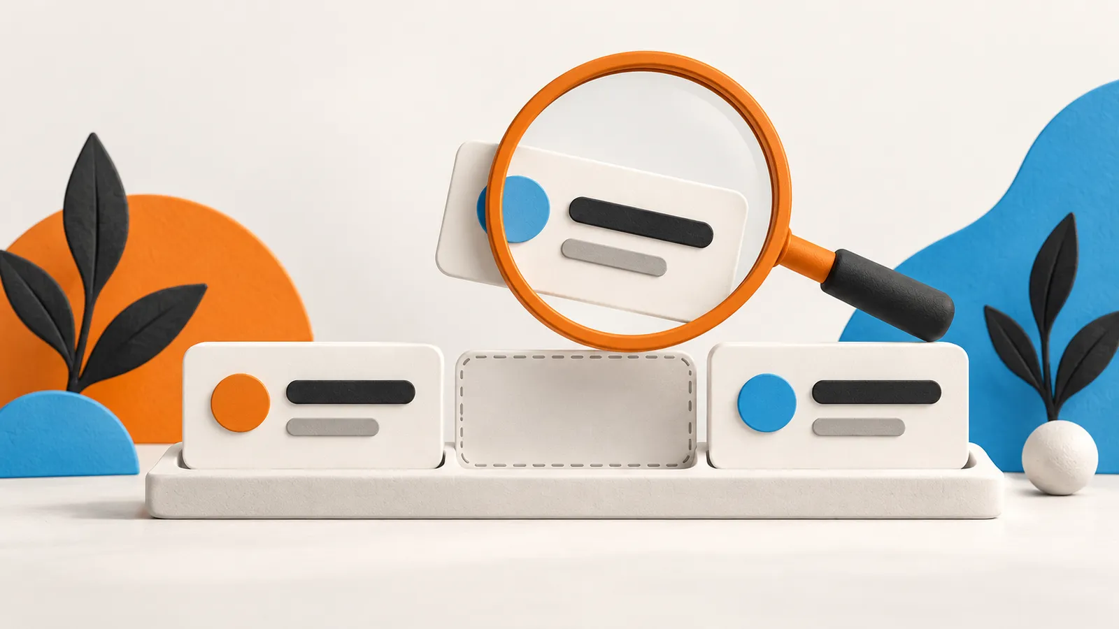 Illustration of conversation cards with one missing card and a magnifying glass, without ratings