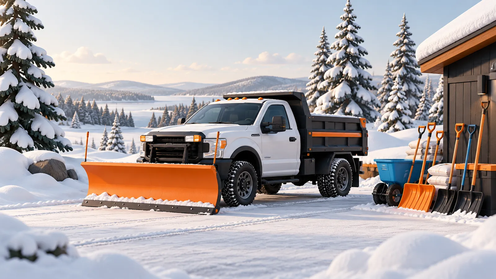 Illustration of a landscape service truck, snow blade and organized winter tools