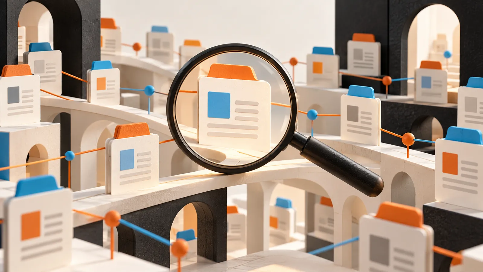 Illustration of a magnifying glass tracing a web document through connected index cards