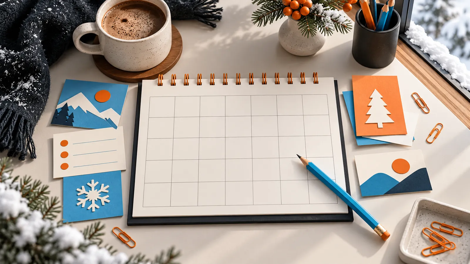 Illustration of a winter planning calendar, blank task cards and orange and blue stationery