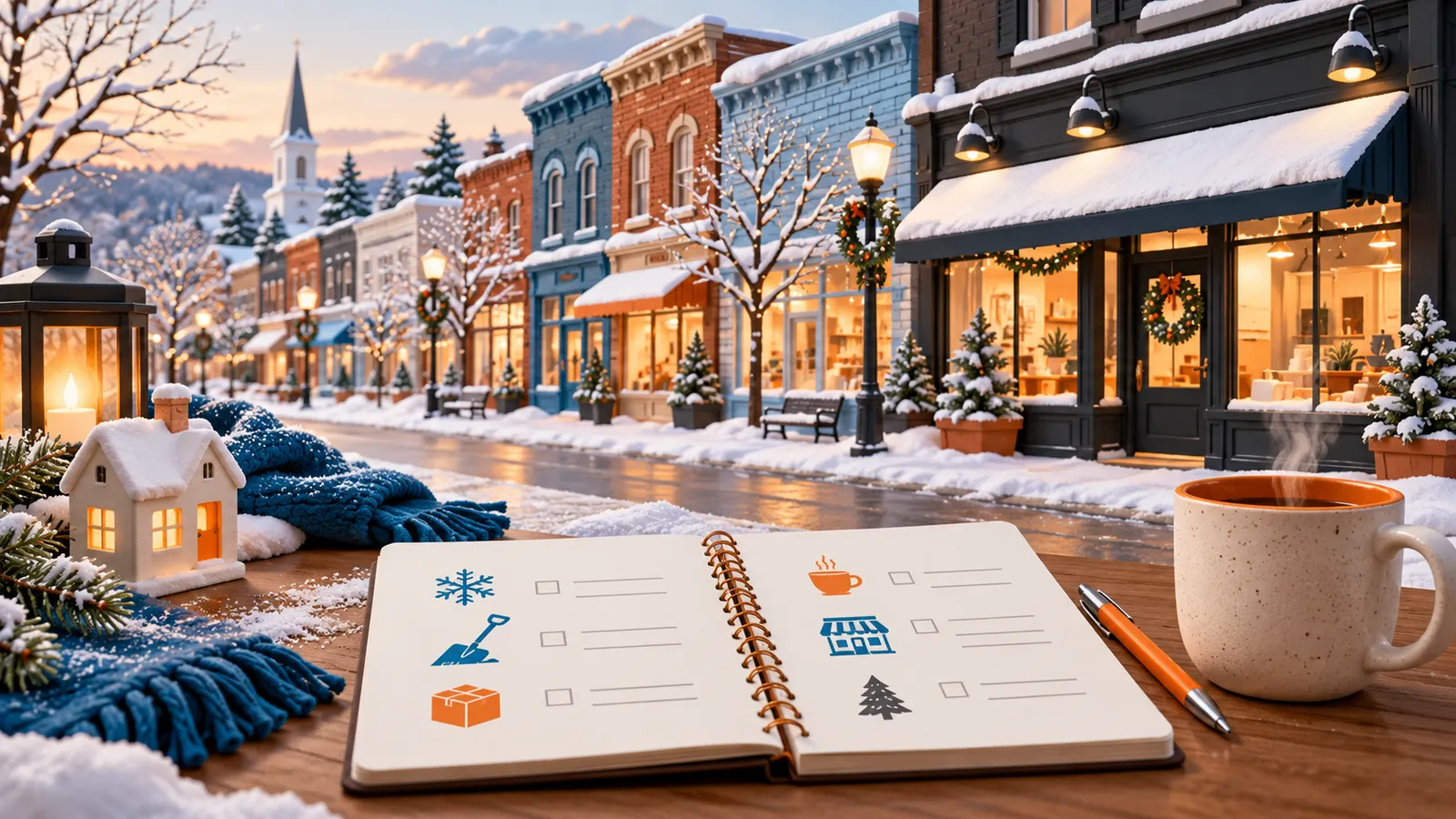Illustration of a Wisconsin-style storefront in snow with an organized seasonal planning desk