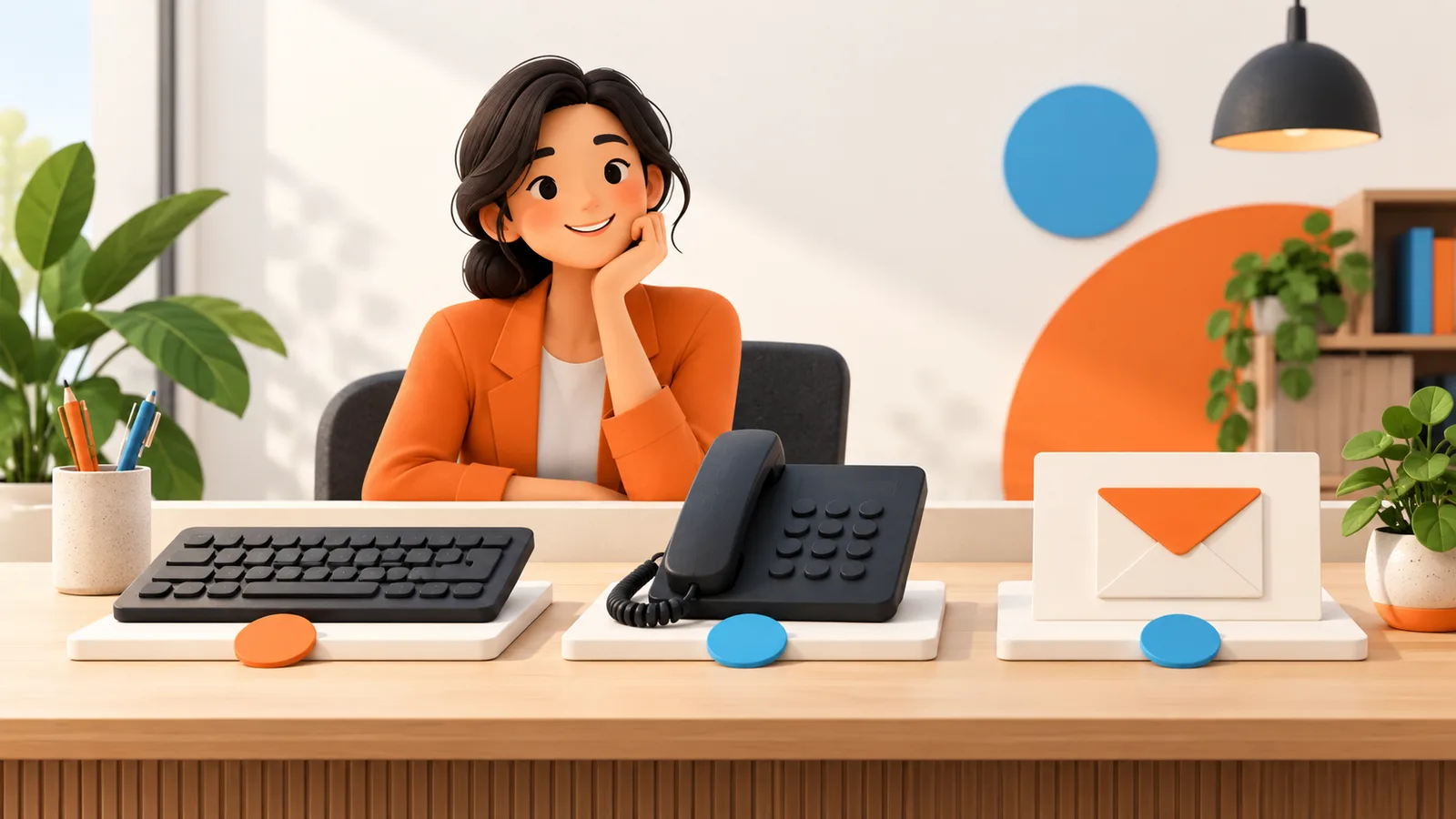 A keyboard, phone and written message offered as contact choices; editorial illustration