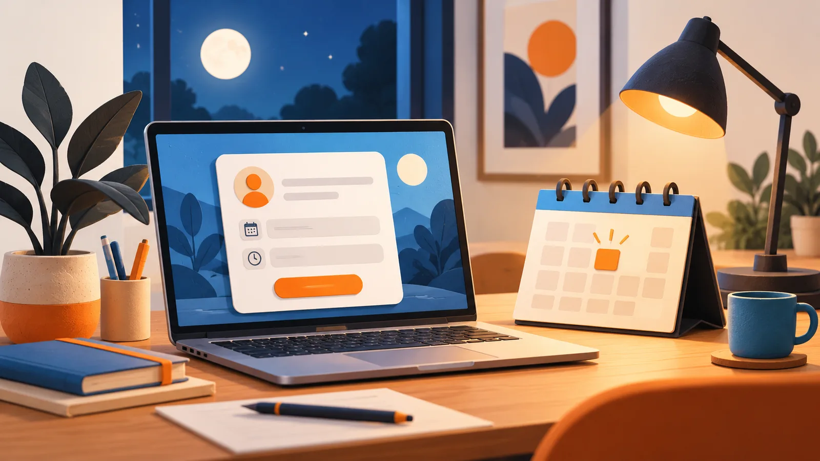 A laptop request form beside a calendar on a desk after dark; editorial illustration