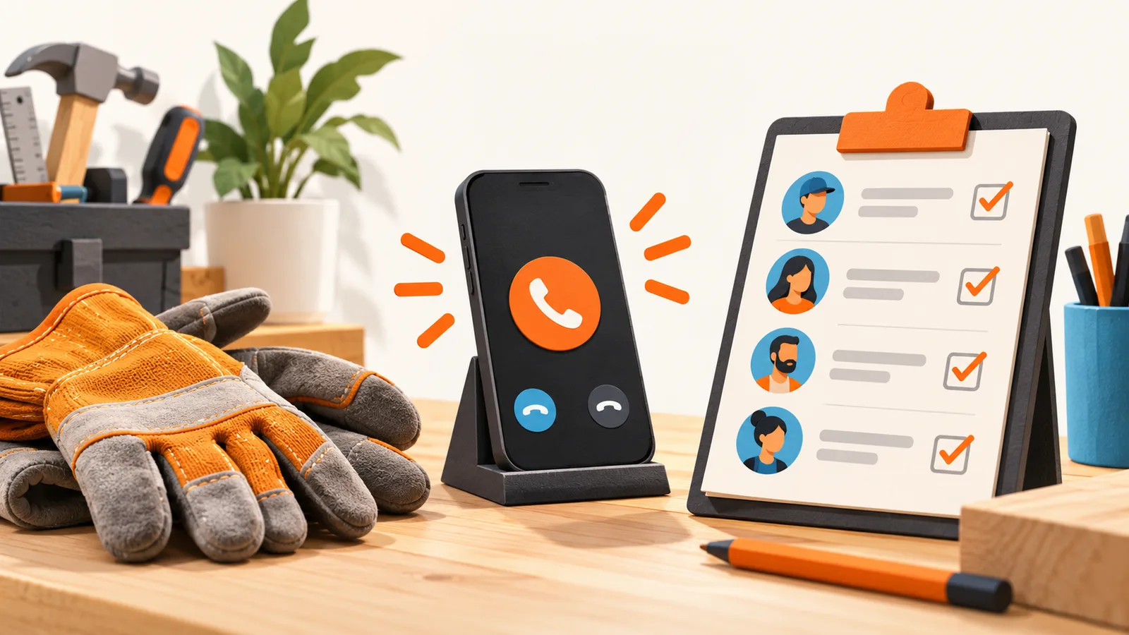 Work gloves and a phone beside an organized customer callback list; editorial illustration