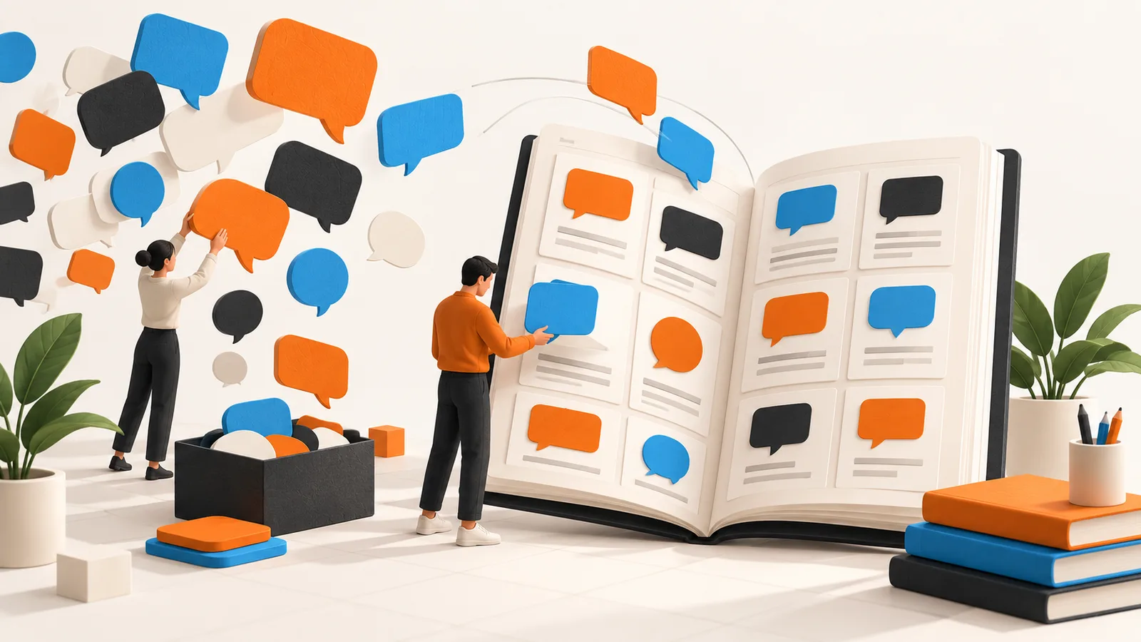 Customer speech bubbles organized into an open reference book; editorial illustration