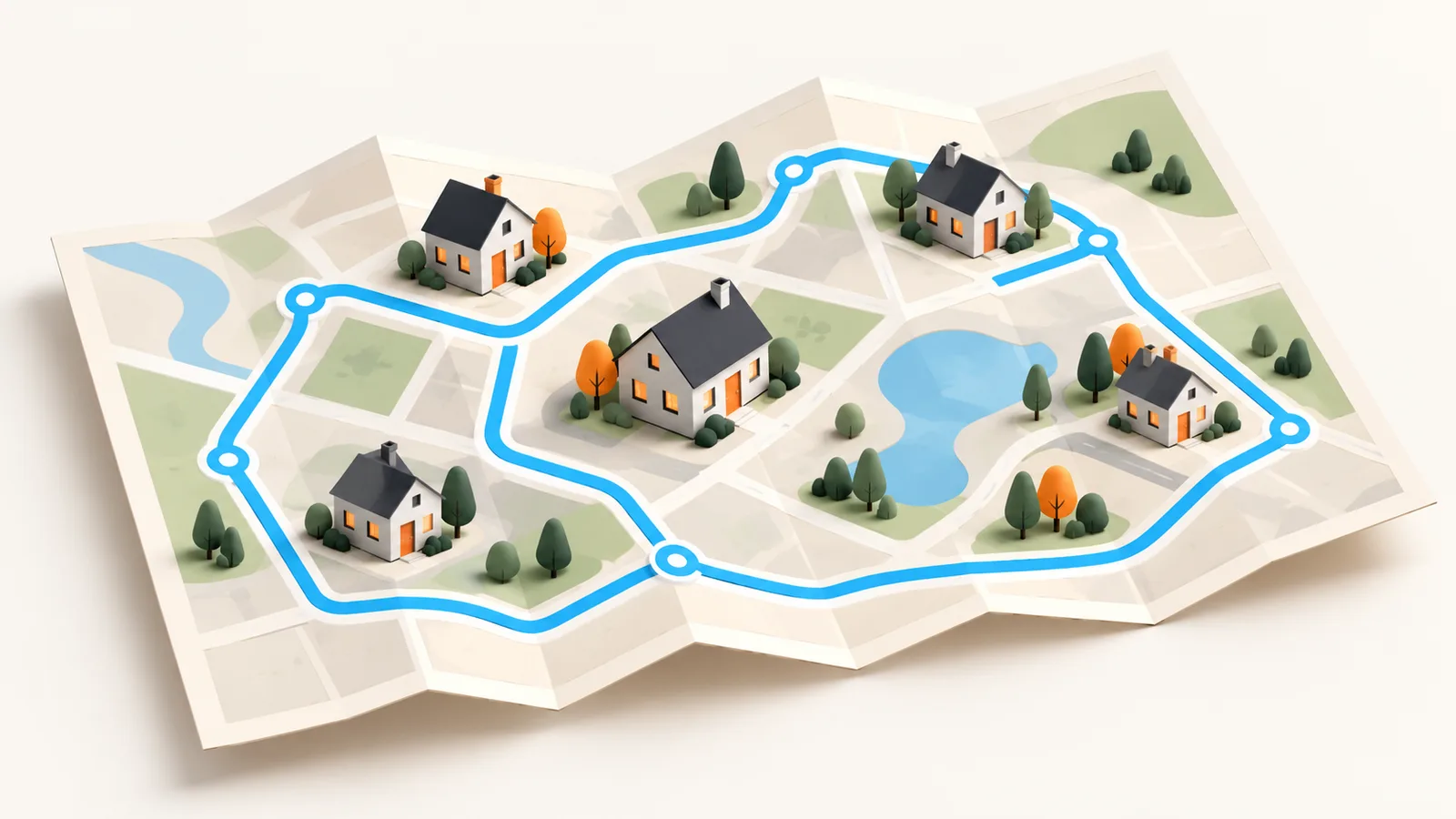 A folded map with homes connected by a bounded service route; editorial illustration