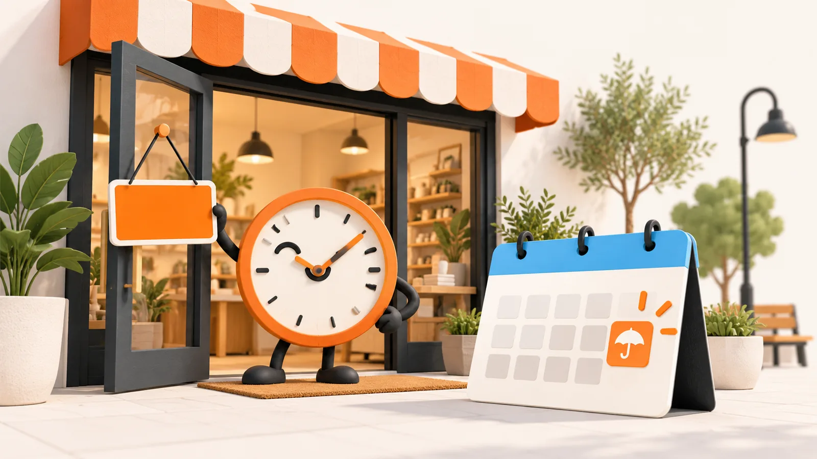 Illustrated storefront clock beside a calendar with one highlighted exception date; editorial illustration