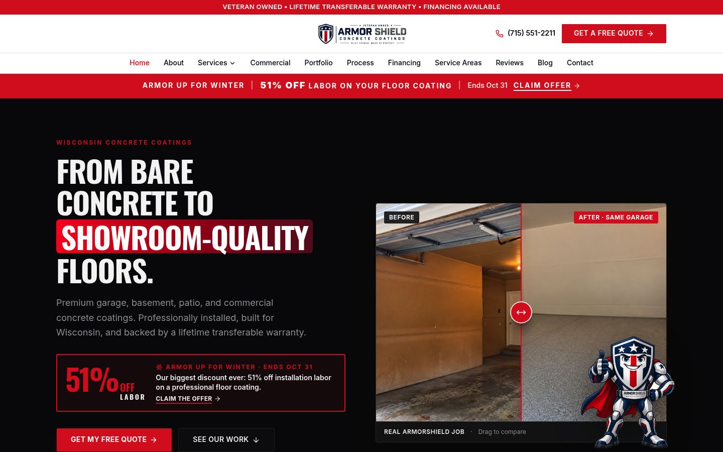 ArmorShield Concrete Coatings website homepage, built by Tech Turtle