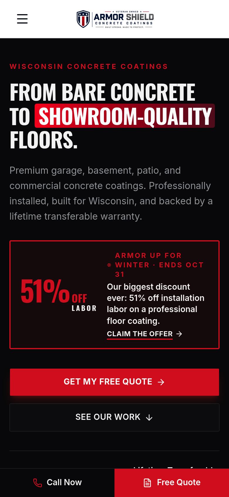 ArmorShield Concrete Coatings website on a phone, with a stacked quote button