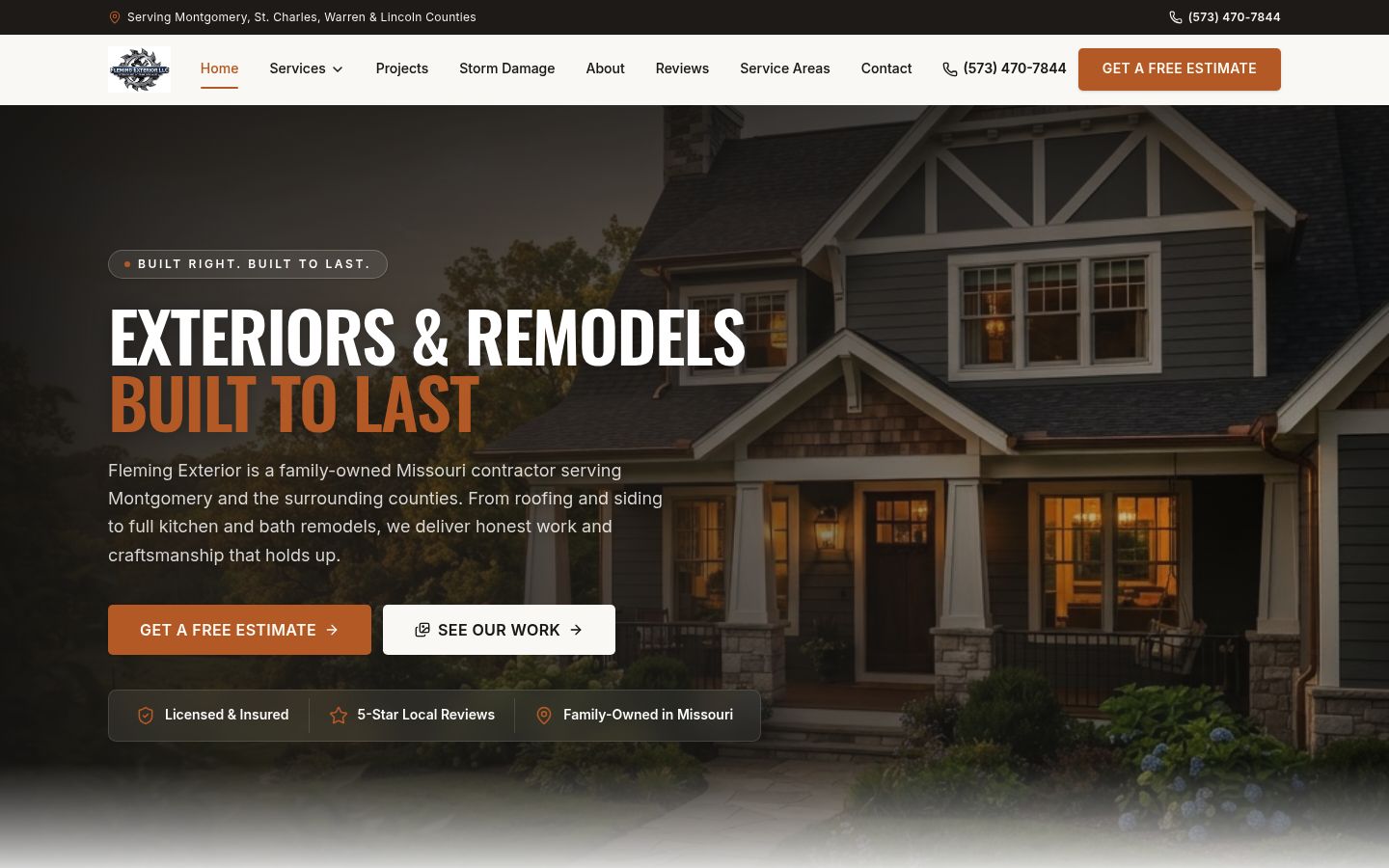 Fleming Exterior website on desktop, with services shown through real project photos