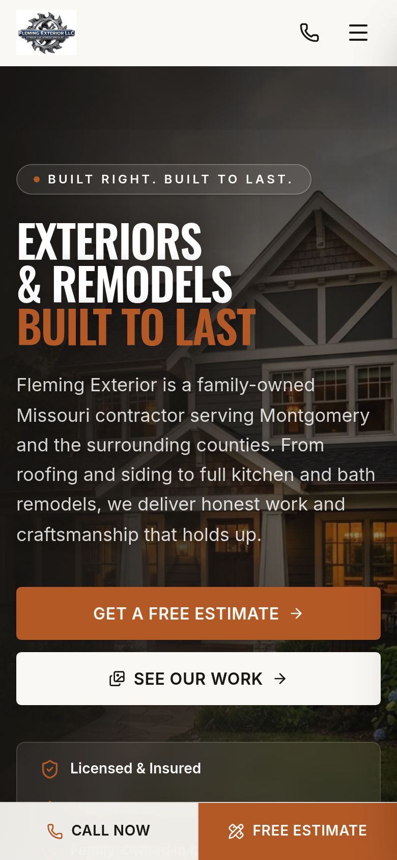 Fleming Exterior website on a phone, with stacked estimate buttons and a Call Now bar