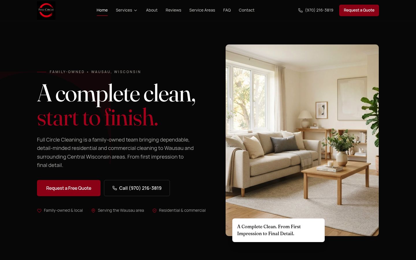 Full Circle Cleaning website on desktop