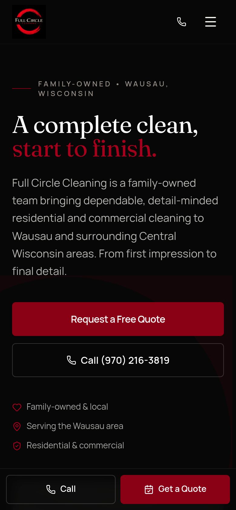 Full Circle Cleaning website on a phone