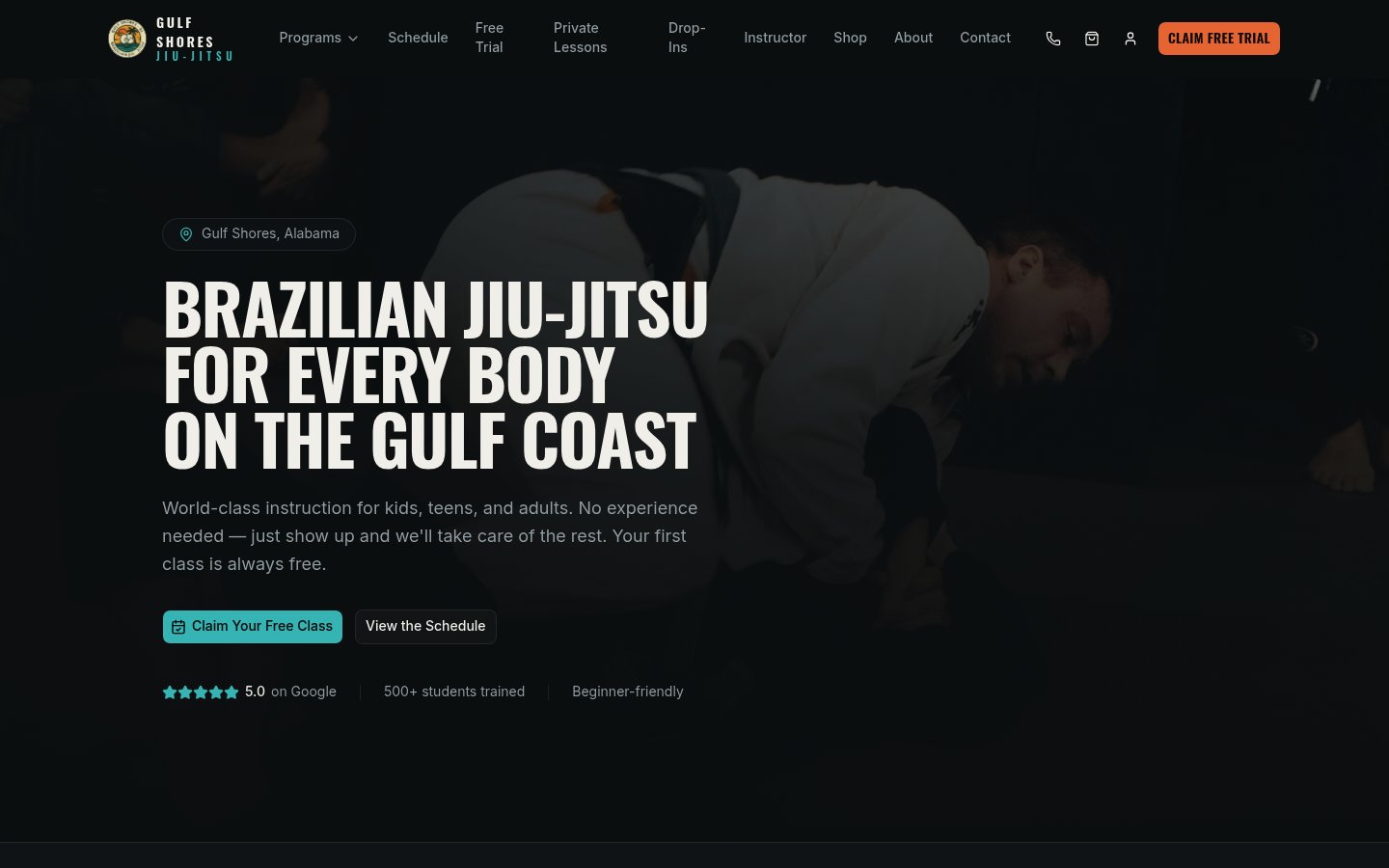 Gulf Shores Brazilian Jiu-Jitsu website homepage, built by Tech Turtle