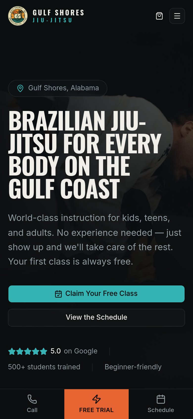 Gulf Shores Brazilian Jiu-Jitsu website — mobile view