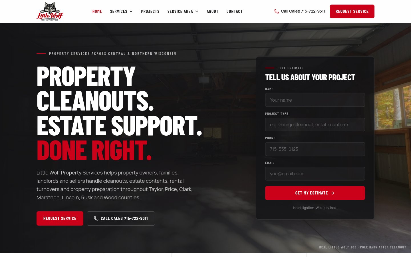 Little Wolf Property Services website on desktop