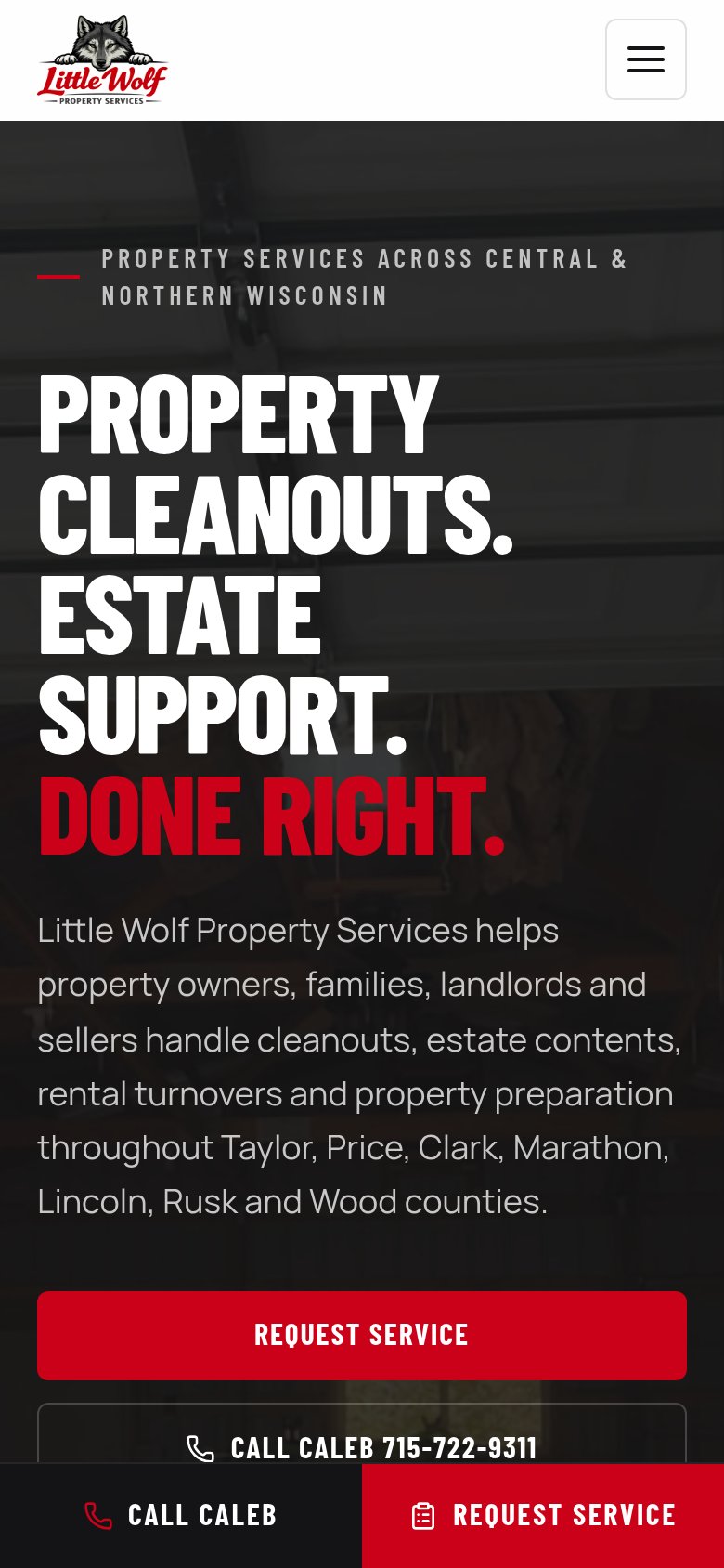 Little Wolf Property Services website on a phone