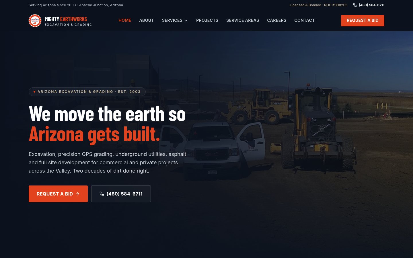 Mighty Earthworks website on desktop, with heavy equipment and a request-a-bid button