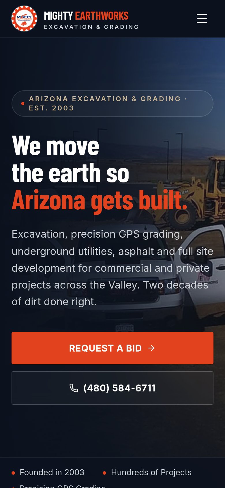 Mighty Earthworks website — mobile view