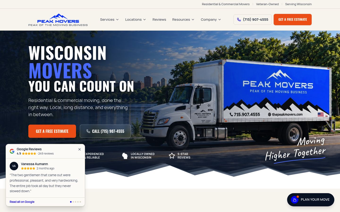 Peak Movers website on desktop, with a two-step moving estimate
