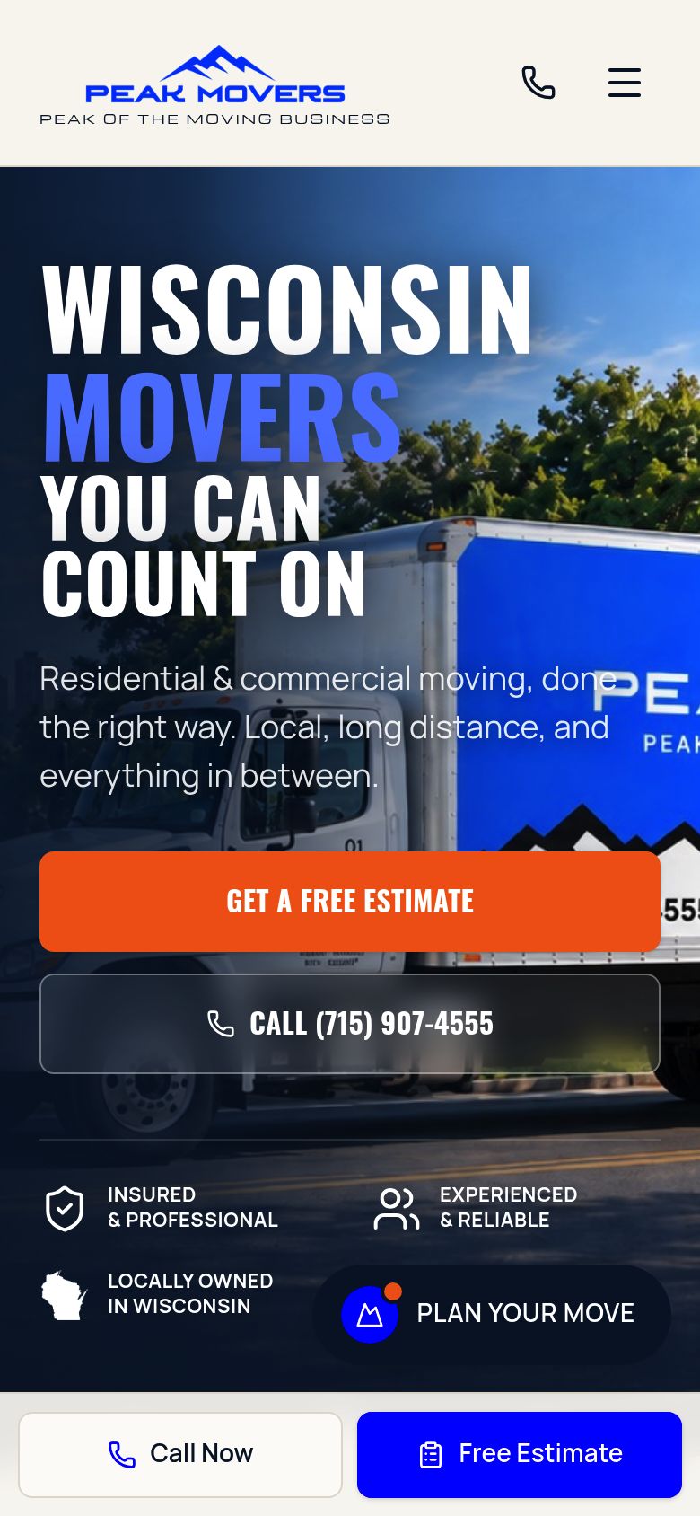 Peak Movers website — mobile view