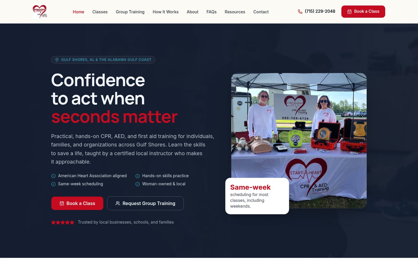 Start-A-Heart CPR website on desktop, with a CPR and AED training headline and a quote button