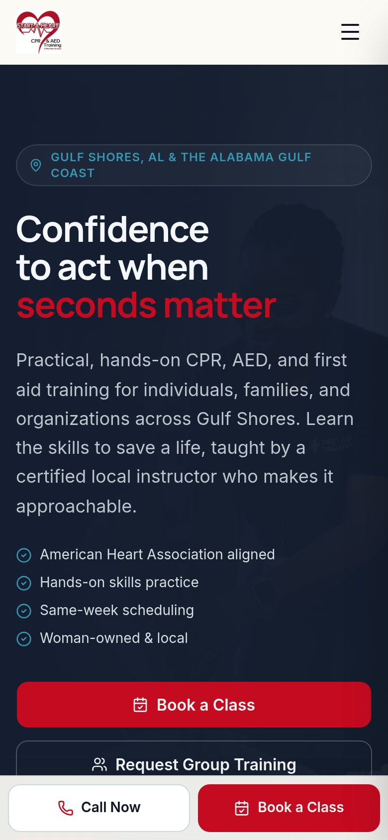 Start-A-Heart CPR website on a phone, with class request buttons