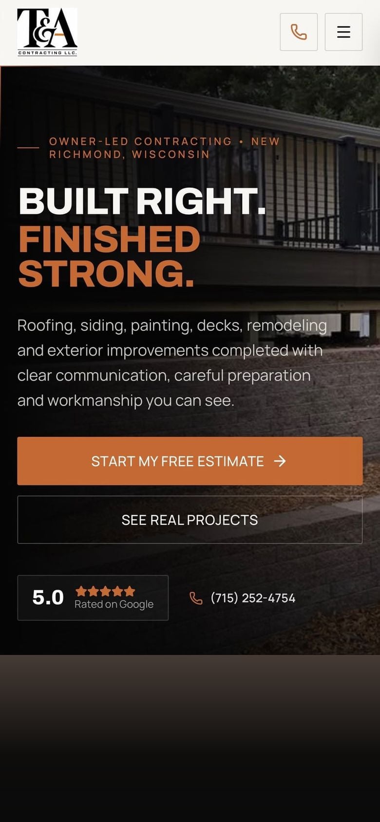T & A Contracting website on a phone