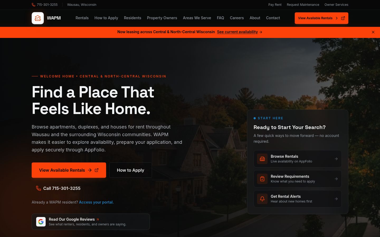 Wausau Area Property Management website homepage, built by Tech Turtle