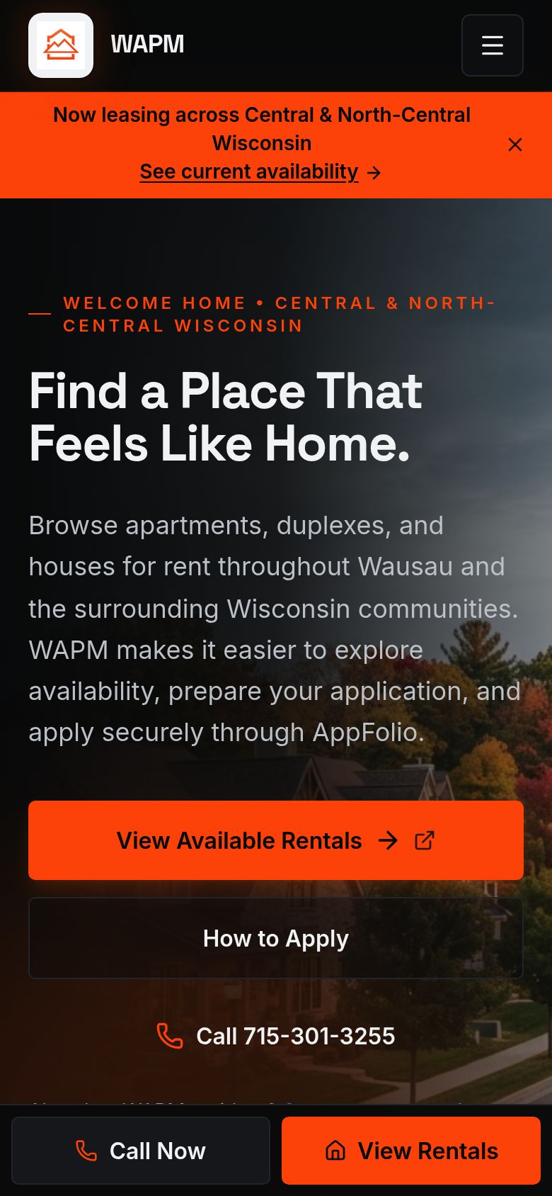 Wausau Area Property Management website on a phone