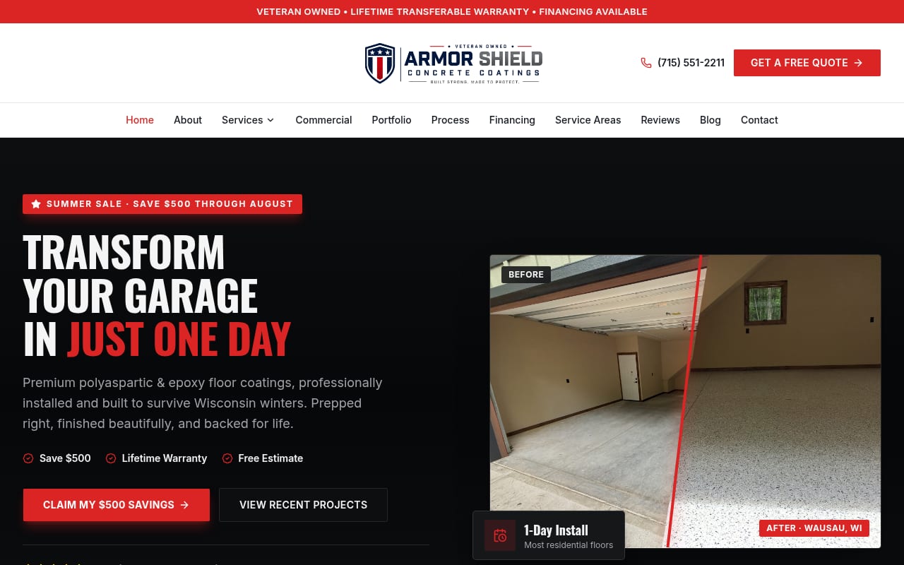 Screenshot of the ArmorShield Concrete Coatings website designed by Tech Turtle