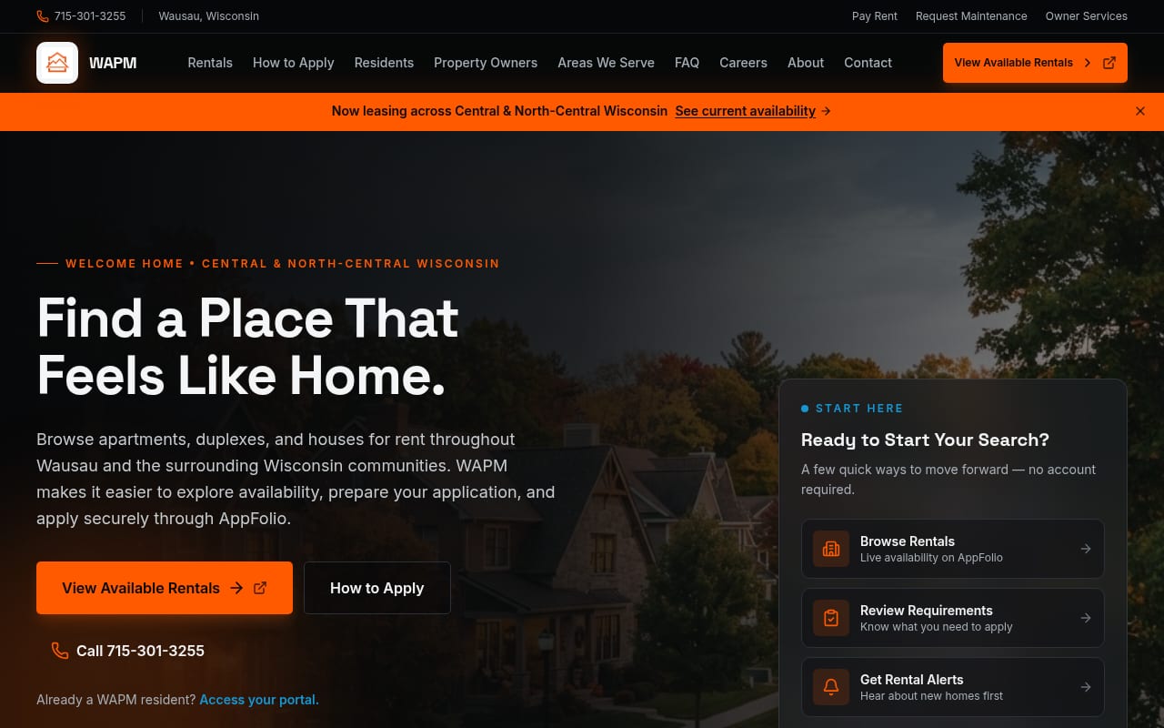 Screenshot of the Wausau Area Property Management website designed by Tech Turtle