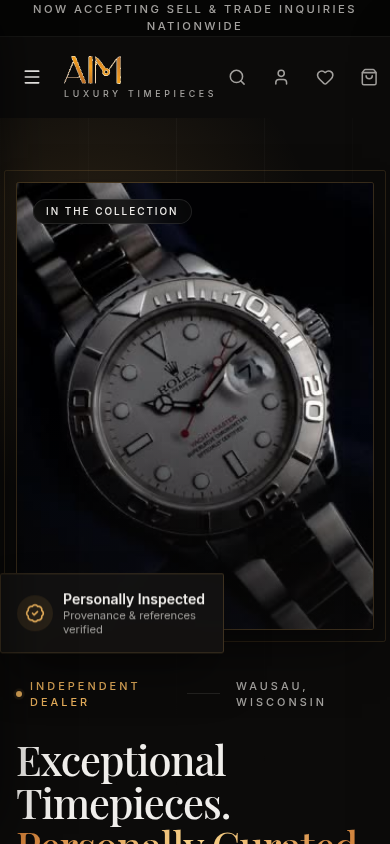 AIM Luxury Timepieces website on a phone