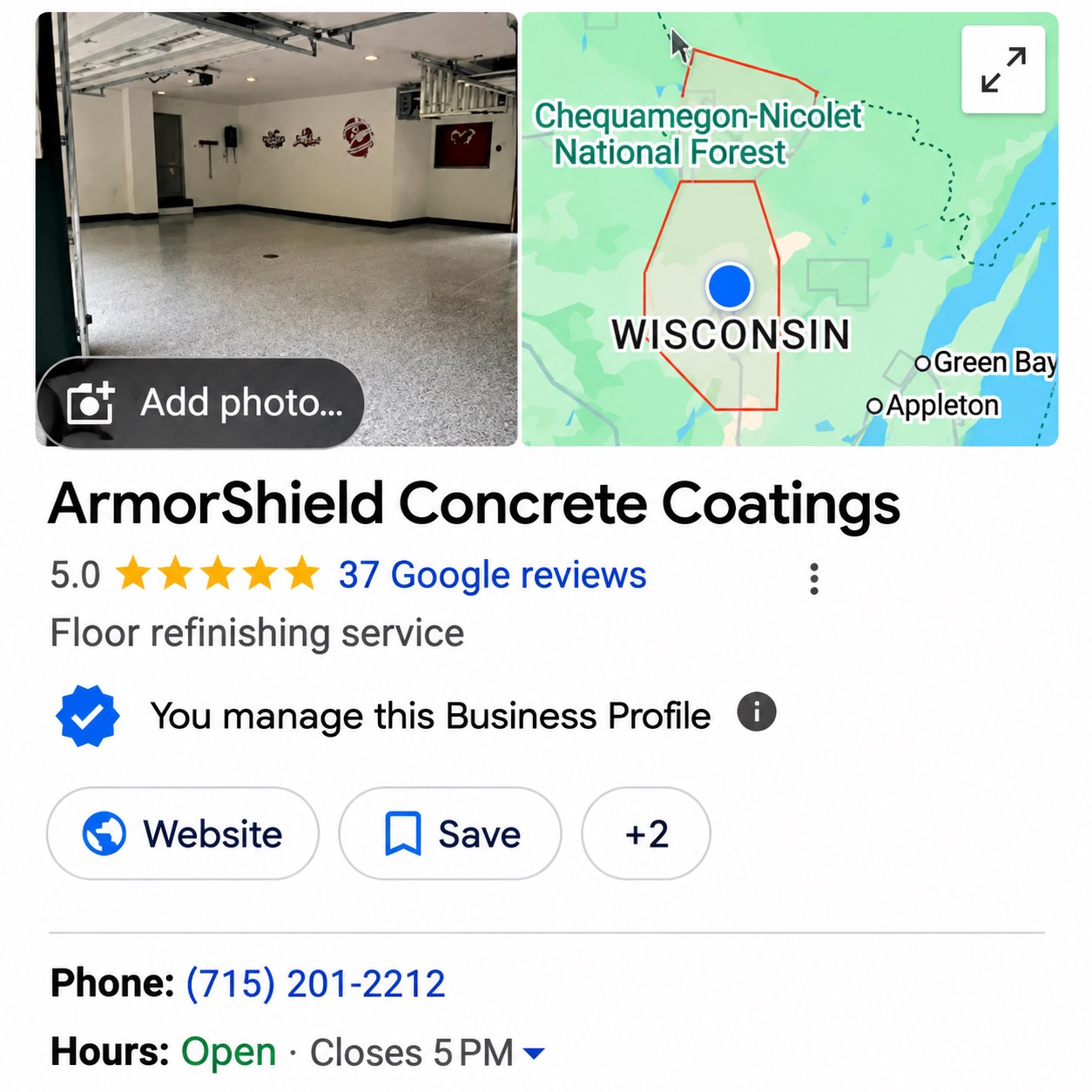 ArmorShield Concrete Coatings Google Business Profile in June 2026: 5.0 stars from 37 Google reviews, a single plain garage photo with an Add photo prompt, no business description, and only Website and Save buttons.