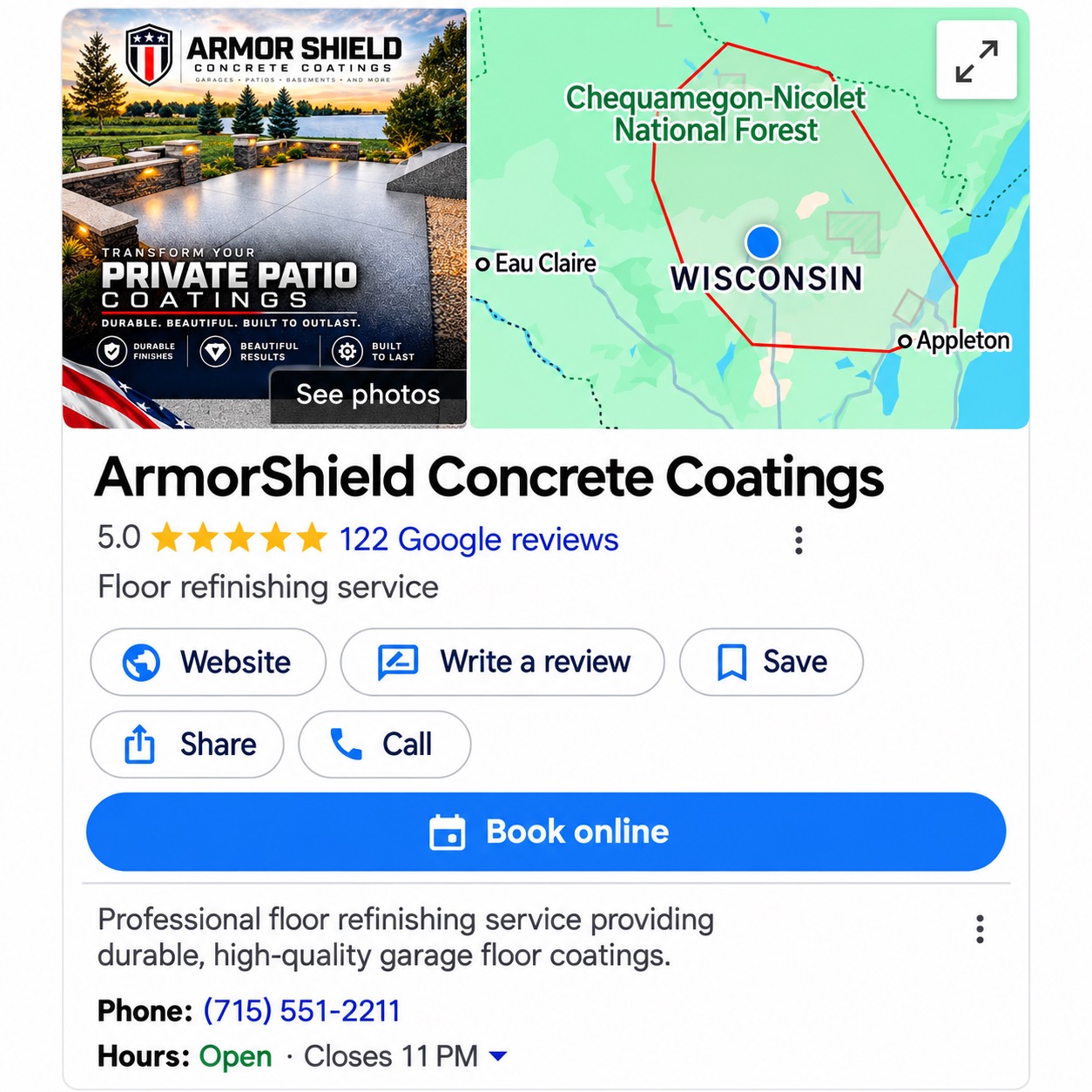 ArmorShield Concrete Coatings Google Business Profile in October 2026: 5.0 stars from 122 Google reviews, a branded patio coatings cover photo, a business description, a Book online button, plus Write a review, Share and Call buttons.